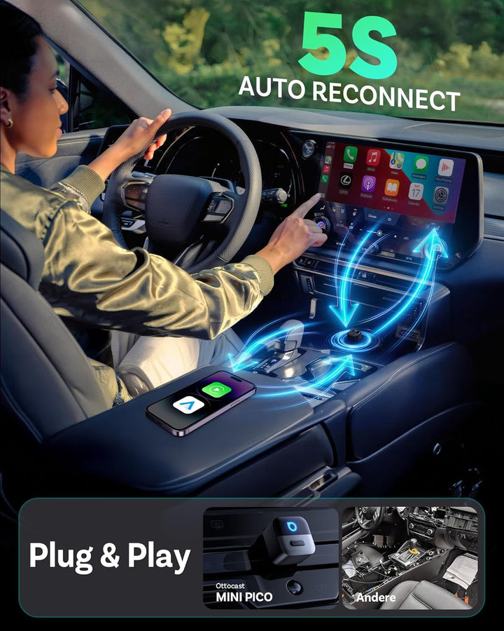 OTTOCAST Mini Pico 2026, 2-in-1 CarPlay &amp; Android Auto Wireless Adapter | Smart-Taste, Plug &amp; Play,