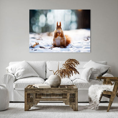 Bilder auf Leinwand 100x70cm Leinwandbild Eichhörnchen Winter Schnee Essen Gross Wanddeko Bild Schla