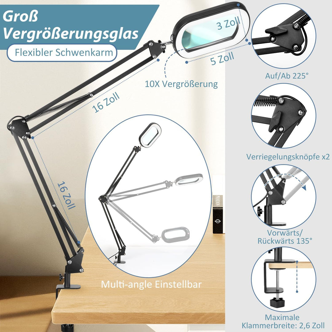 Veemagni 10X Echtes Glas Rechteckige Lupe mit Licht und Klemme, 5 Farbmodi Stufenlos Dimmen, 2 * 16