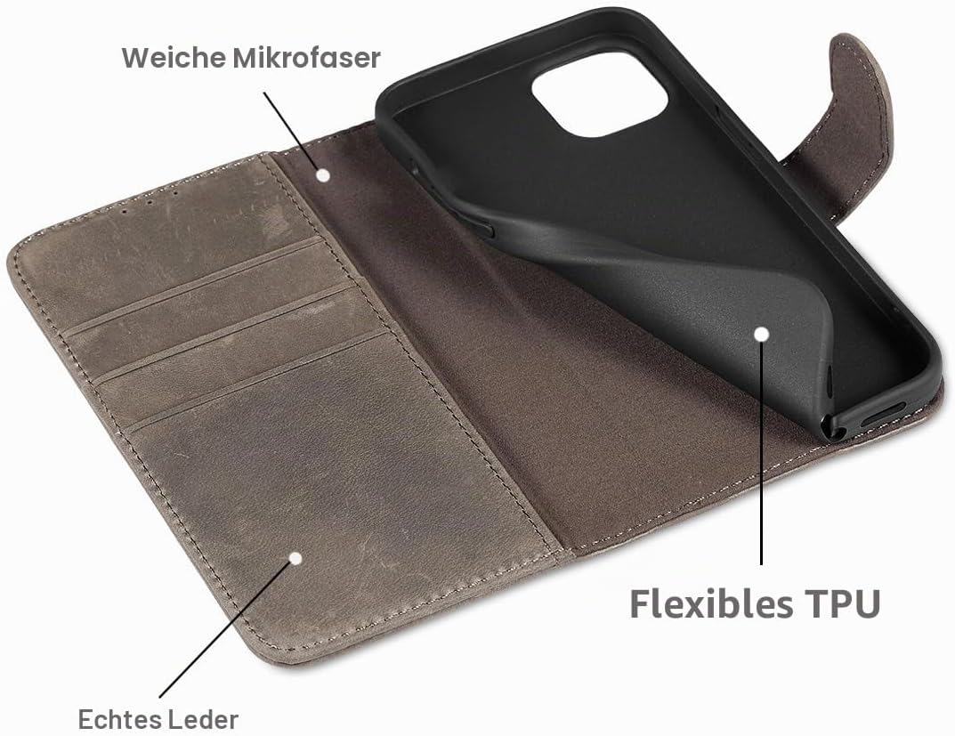 LENSUN Lederhülle für iPhone 13 5G, Handyhülle [Echtes Leder][Bookstyle][RFID Schutz] Echtleder Hüll
