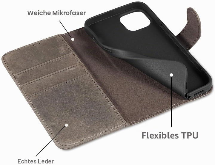 LENSUN Lederhülle für iPhone 13 5G, Handyhülle [Echtes Leder][Bookstyle][RFID Schutz] Echtleder Hüll