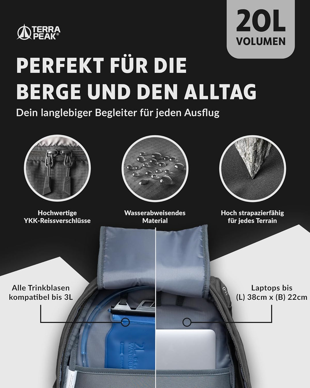 Terra Peak® Premium Wanderrucksack 20L (FLEX 20) klein mit Rückenbelüftung, Regenschutz & Trinksyste