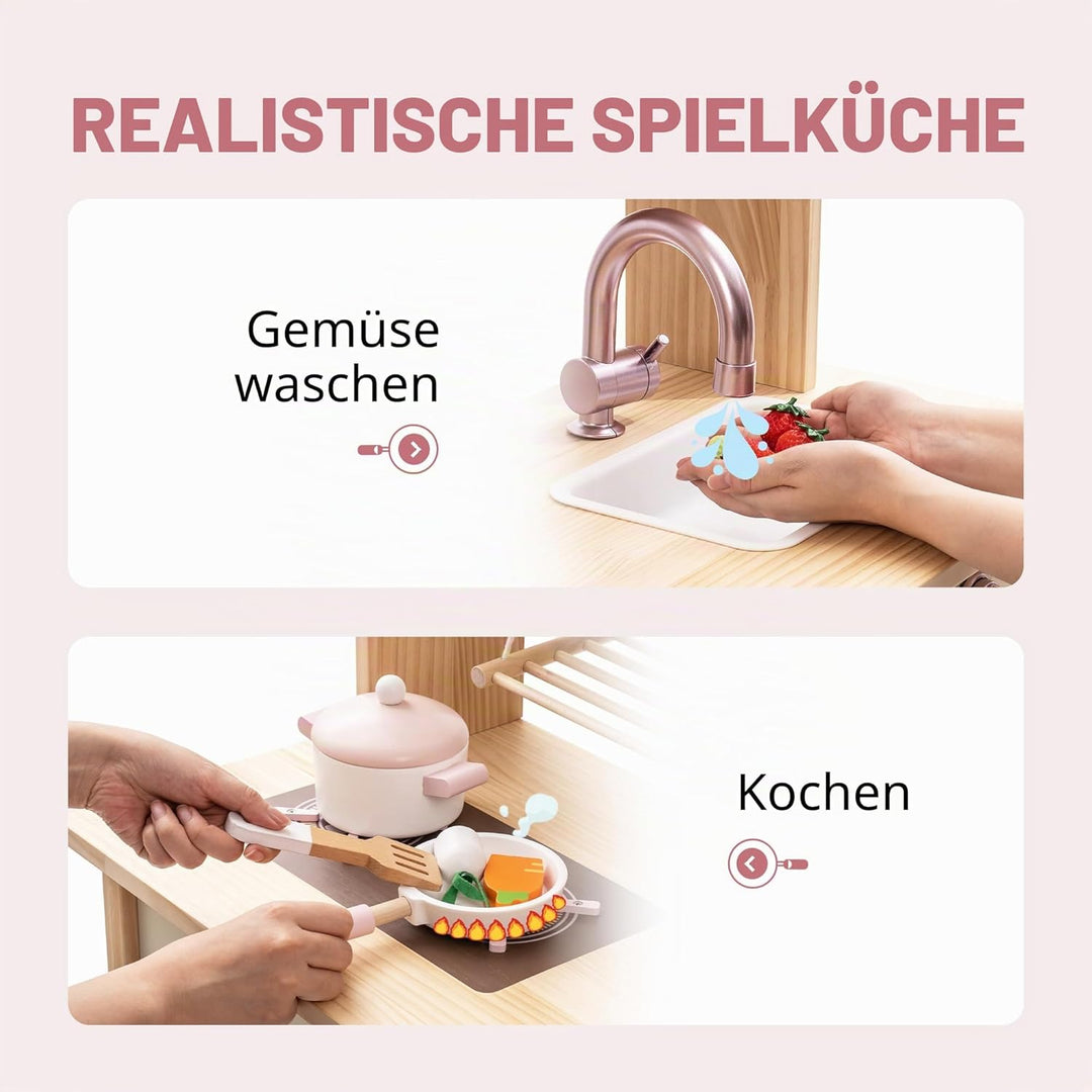 ROBUD Spielküche für Kinder Kleinkinder, Spielküche aus Holz mit realistischem Zubehör, Spielzeugküc