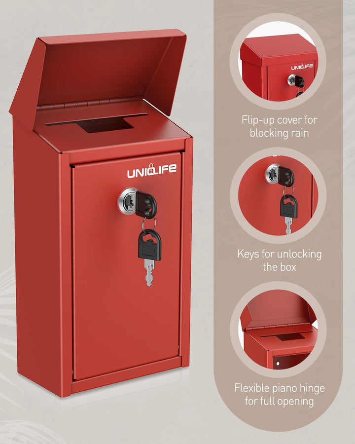 Uniclife Schlüsselbox für aussen, rote Metall-Spendenbox Sammelbox mit Schlüsselschloss, sichere Vor