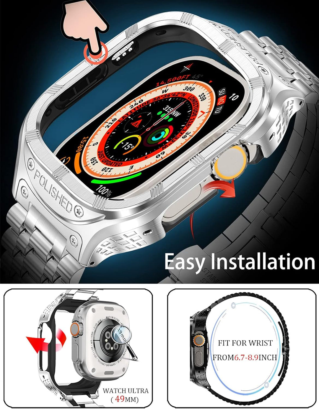 Edelstahlband mit Gehäuse für appl watch Ultra 1/Ultra 2 armband 49mm,Robustes Apple Watch Ultra mit
