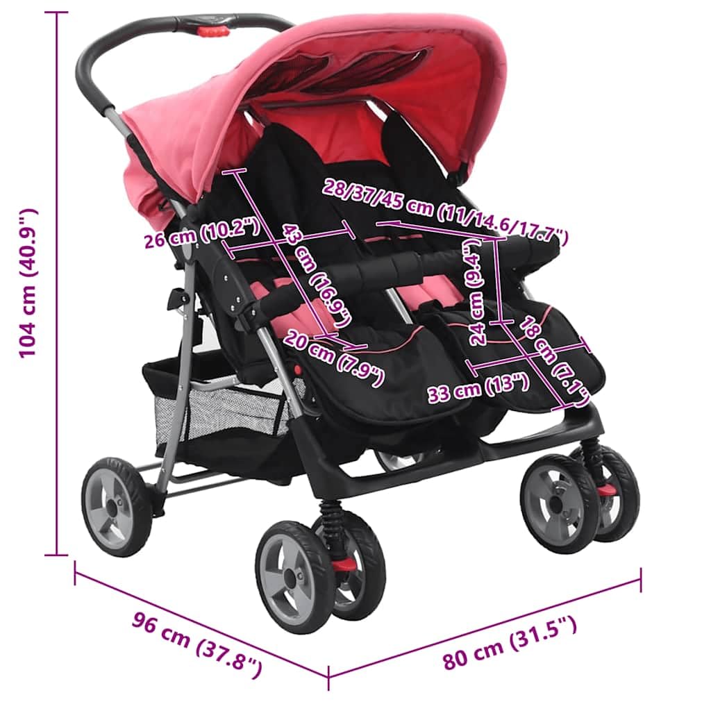 vidaXL Zwillingswagen Kinderwagen Geschwisterwagen Zwillingsbuggy Baby Kleinkinder Rosa Schwarz Stah