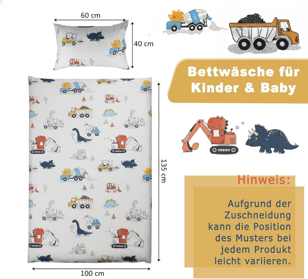 Kinderbettwäsche 100 x 135 Jungen Mädchen 100% Baumwolle Reissverschluss Dinosaurier bunt Babybettwä