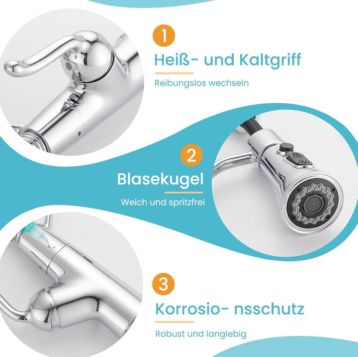 Niederdruck Armatur Küche,360° Drehbare Küchenarmatur,Wasserhahn mit 3 Anschluessen für Boiler,Hoher