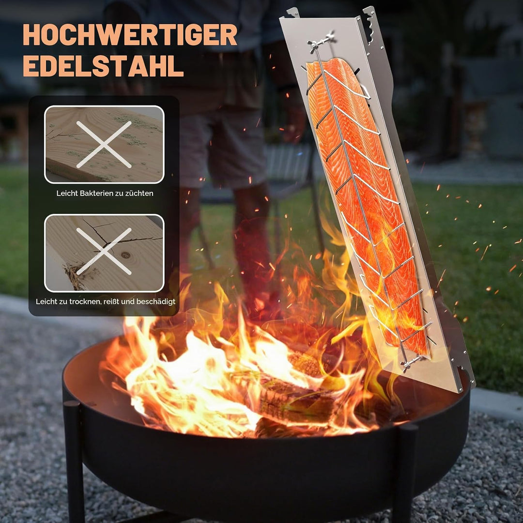 onlyfire Flammlachsbrett Edelstahl, Extra Breit 19cm Flammlachshalter, Lachsbretter zum Grillen Feue