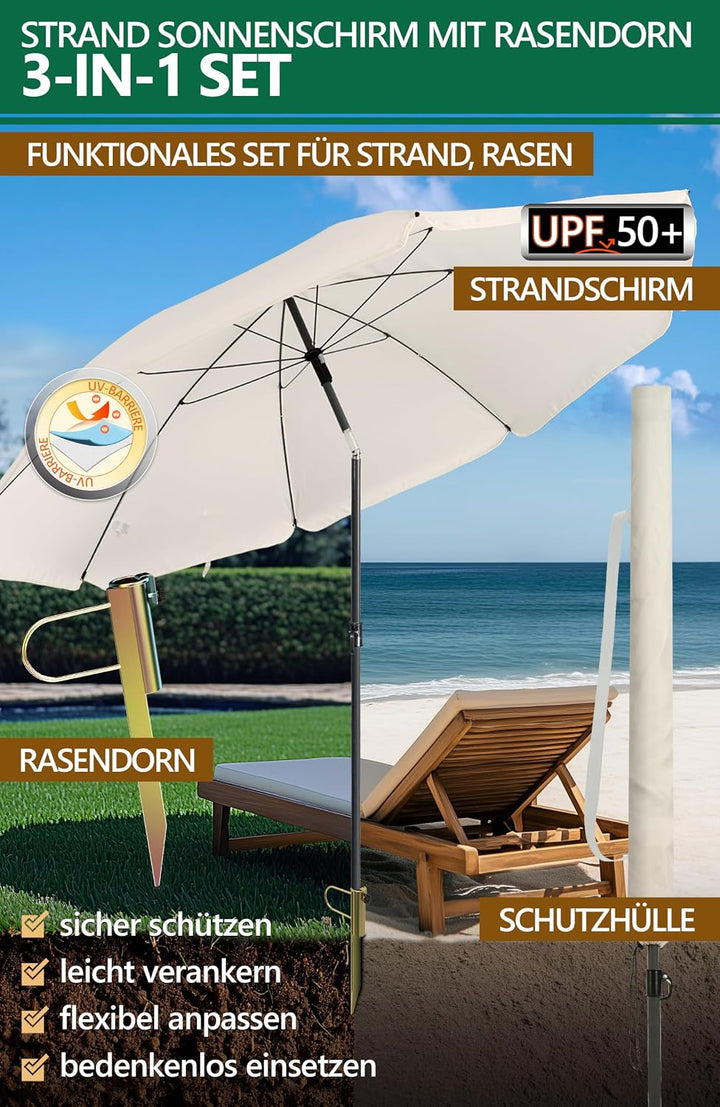 4smile Sonnenschirm Strand SunnyJoy Modern im 3er-Set, Beige - Strandschirm windfest stabil 180 cm +