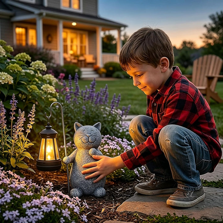 Yeomoo Katze Gartenfiguren für Aussen mit Solar Laterne – Lustig Wasserdicht Solarlampe Figur Garten
