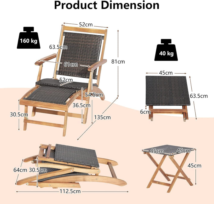 GIANTEX 2 in 1 Sonnenliege Rattan, Holz Liegestuhl Klappbar, Holzliegen Outdoor mit Beistelltisch, A