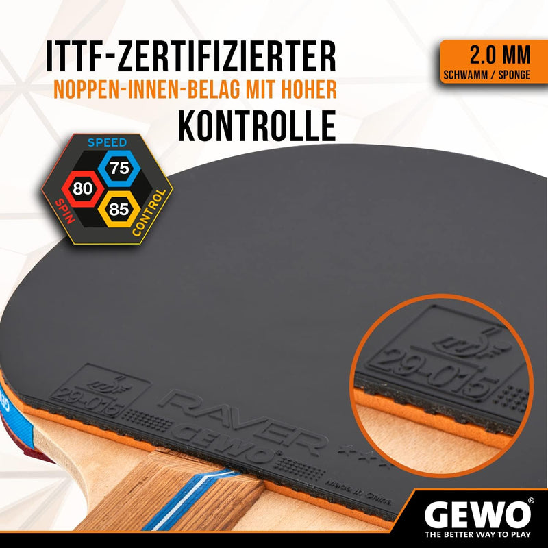 GEWO Rave Speed Tischtennisschläger Set - Kontrollierter Anfänger-Tischtennisschläger mit 3 Bällen -