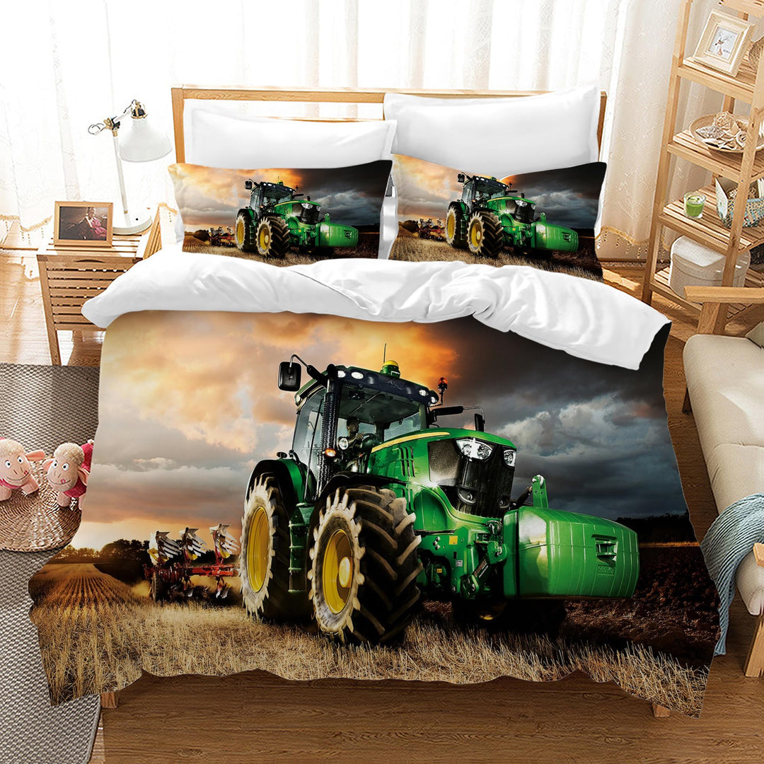 Traktor kinderbettwäsche 220x240cm,3-teilig Grün Traktor Bettwäsche-Set mit Reissverschluss und 2 Ki