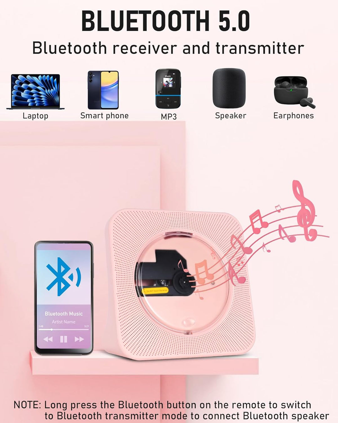 Bluetooth CD Player mit HiFi-Lautsprecher, CD-Player mit Fernbedienung, LED-Bildschirm, FM-Radio, AU