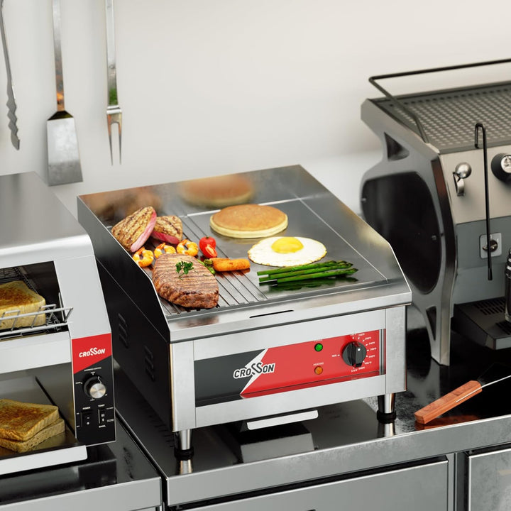 CROSSON Profi Gastro Grillplatte Elektrisch mit halb glatter und halb gerillter Grillfläche (40 x 40