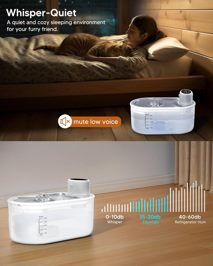 TOMXCUTE 3L Katzenbrunnen Kabellos, 5000mAh Akku Batteriebetriebener Trinkbrunnen für Katze mit Bewe