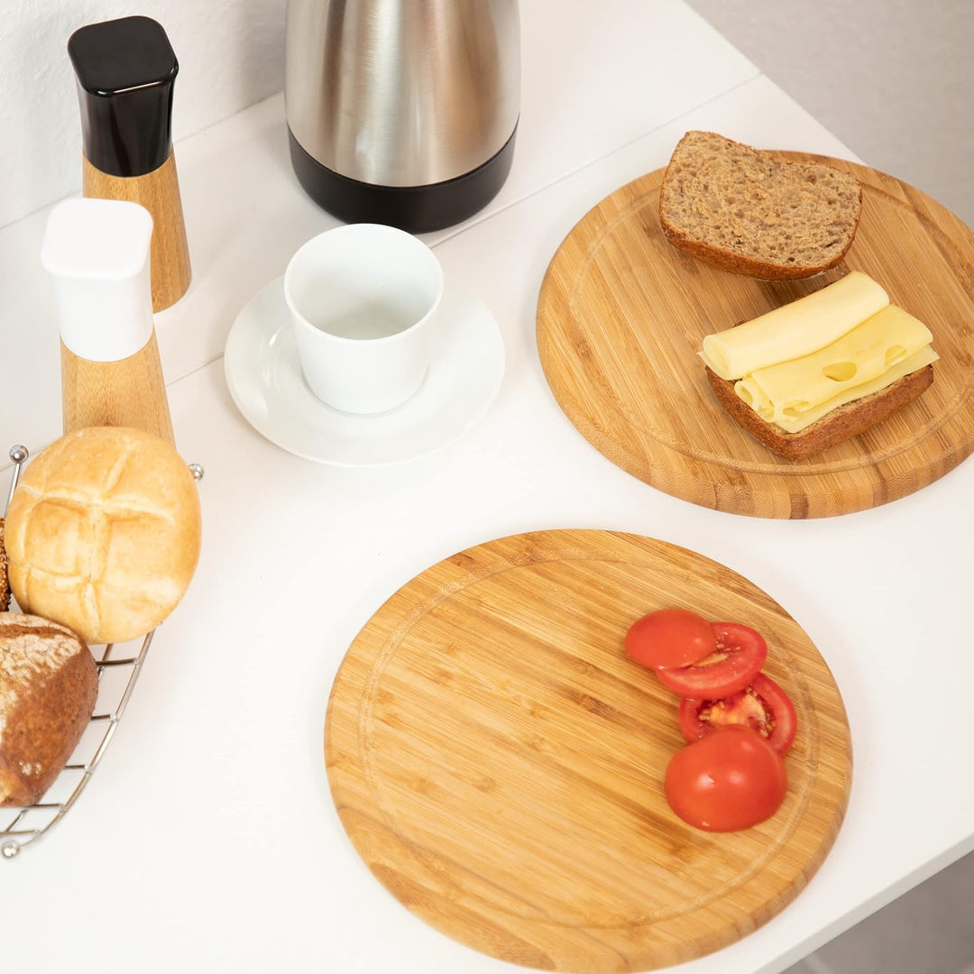 Relaxdays Frühstücksbrettchen 4er Set, Bambus, rund, 25 cm, Küchenbrett, pflegeleicht, natürlich, me