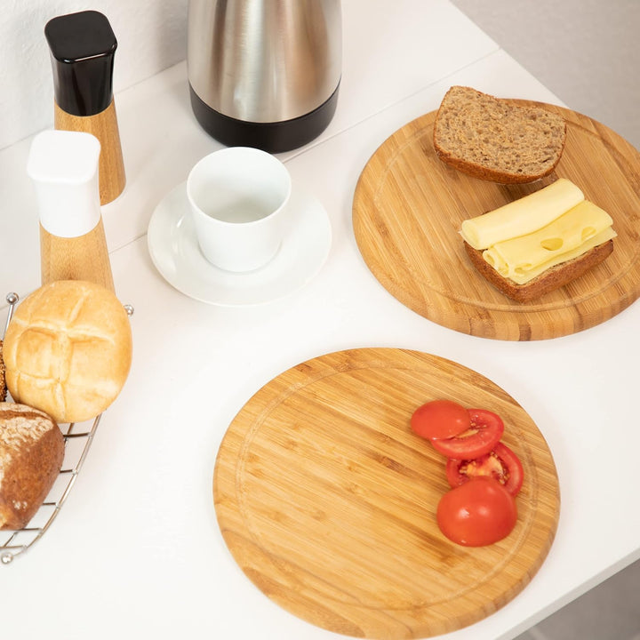 Relaxdays Frühstücksbrettchen 4er Set, Bambus, rund, 25 cm, Küchenbrett, pflegeleicht, natürlich, me