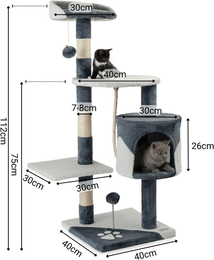 lionto Kratzbaum für Katzen mit 2 Plüschbällen & Spielseil, Höhe 112 cm, Katzenbaum mit Sisalseil &
