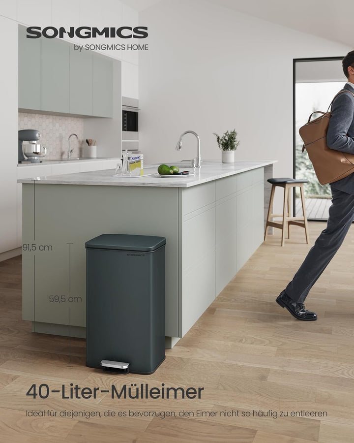 SONGMICS Mülleimer Küche, 40 Liter Abfalleimer, grosser Tretmülleimer, mit Deckel, aus Stahl, Softcl