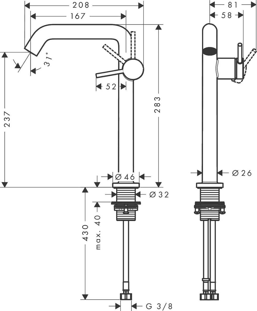 hansgrohe Tecturis S Fine - Waschtischarmatur mit Push-Open Ablauf, energiesparend (CoolStart), Wass