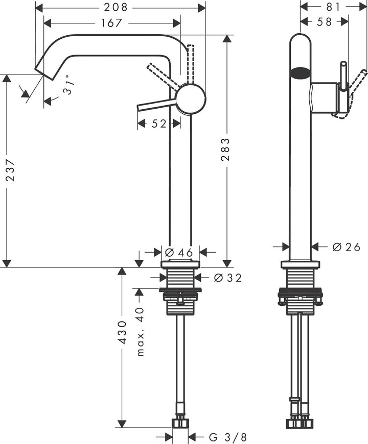hansgrohe Tecturis S Fine - Waschtischarmatur mit Push-Open Ablauf, energiesparend (CoolStart), Wass