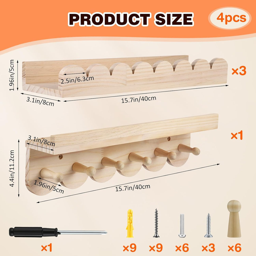 4er Set Wandregal Kinderzimmer - Naturholz Wolke Design+ Garderobe, Bücherregal Wand aus Massivholz,