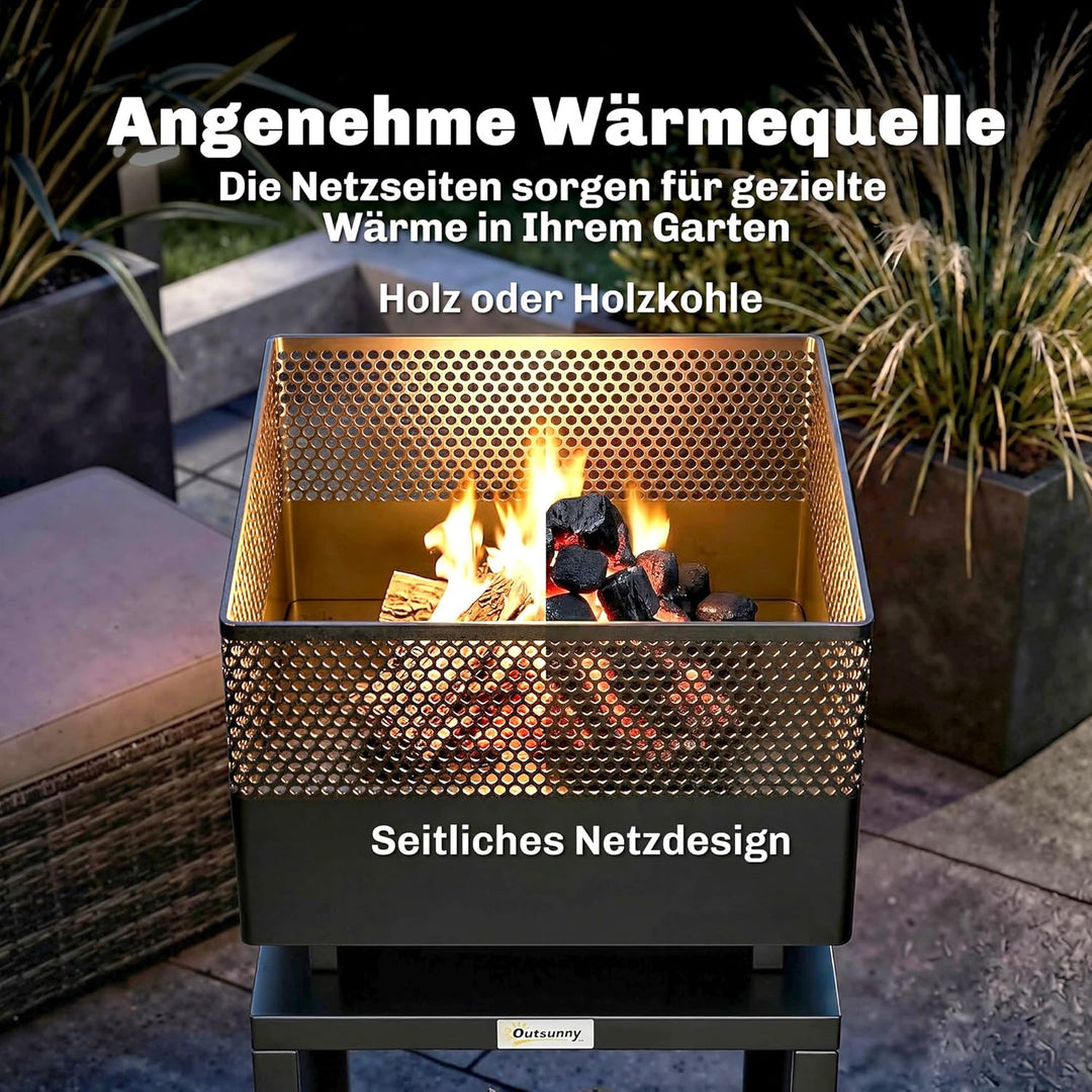 Outsunny Feuerschale 39 x 39 x 87 cm Feuerstelle mit Holzlager Kohlegitter verstellbaren Füssen, Feu