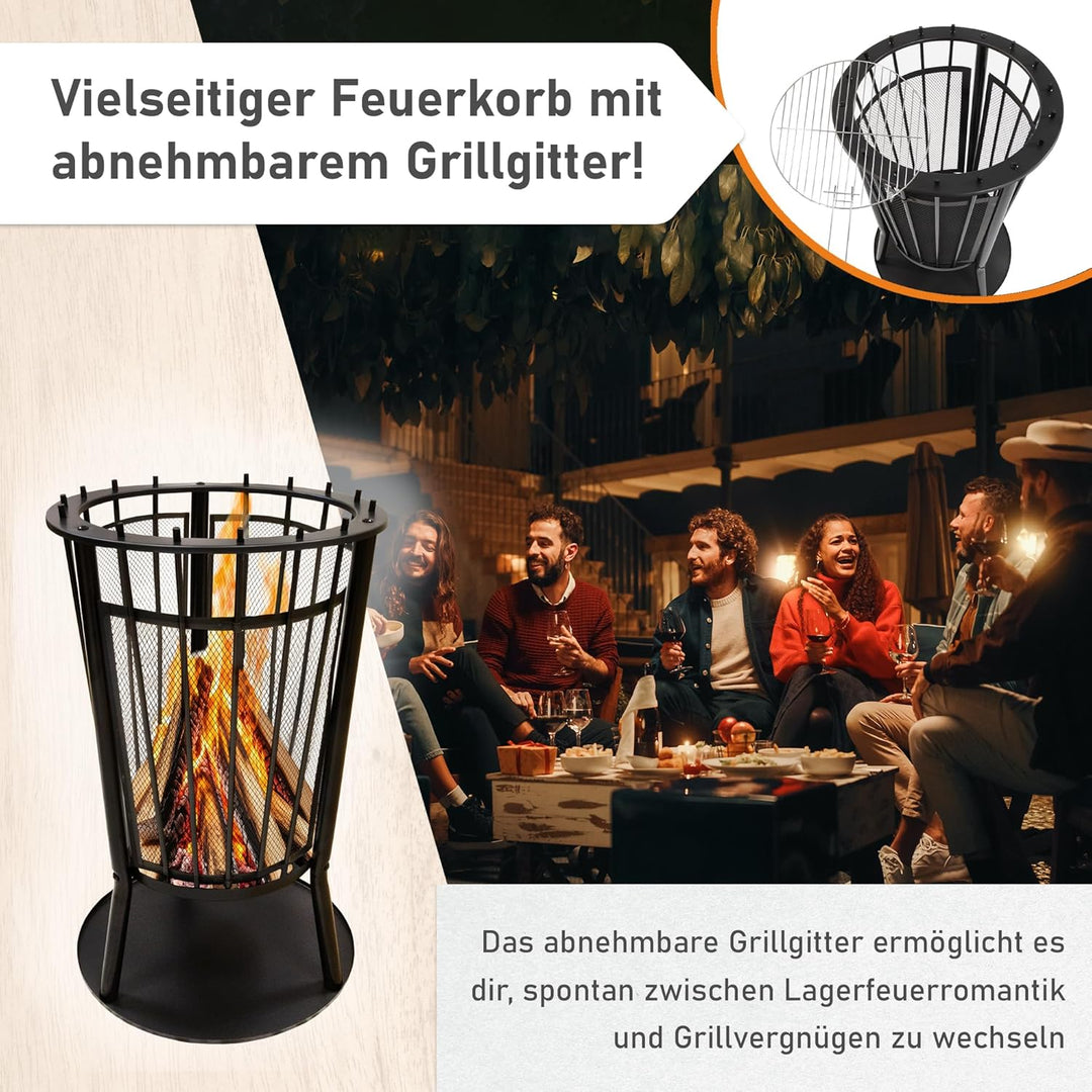 Lemodo Feuerkorb mit Grillgitter – Robuste Feuerstelle für Garten & Terrasse, Feuerkorb mit Funkensc