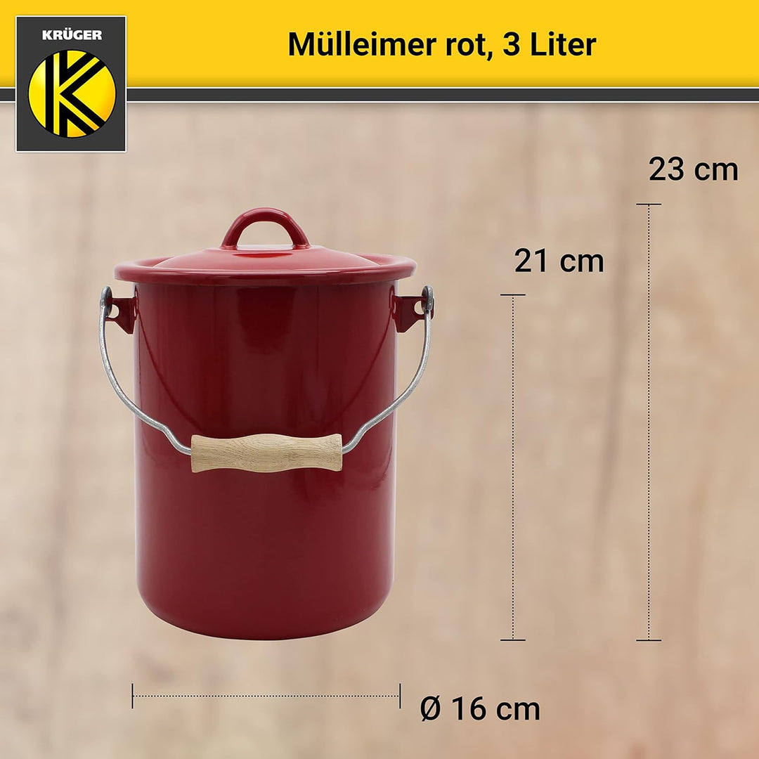 KRÜGER Mülleimer mit Deckel - Stahl Abfalleimer mit Emaille-Beschichtung und Holzgriff - schnitt- un