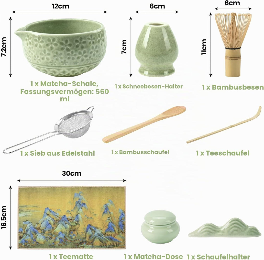 9‑in‑1 Matcha Set mit Matchaschale (560ml), Glas, Bambusbesen, Bambuslöffel, Sieb & Teematte – Japan