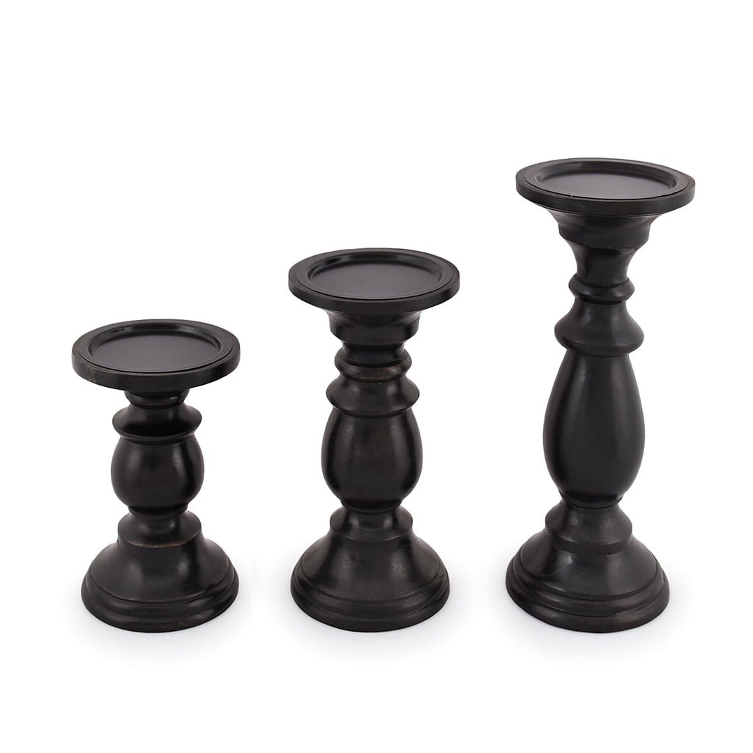 SAMHITA Set mit 3 Kerzenhaltern aus Mangoholz, in schwarzer Oberfläche, für Tischdekoration, Kerze f