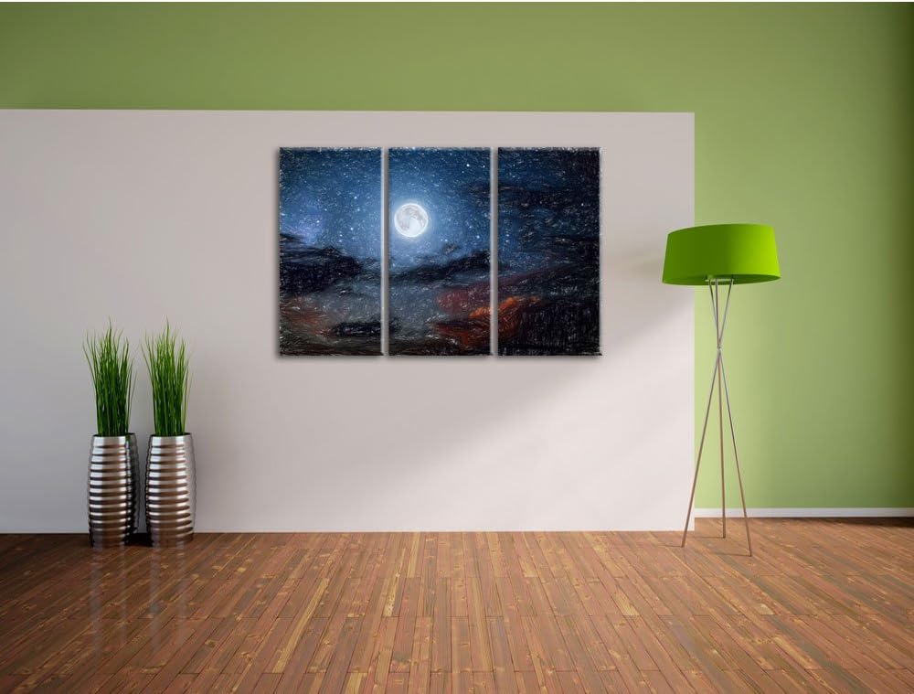 Pixxprint Leuchtender Mond am Nachthimmel Kunst Buntstift Effekt 3-Teiler Leinwandbild 120x80 Bild a