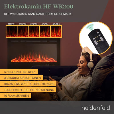 Heidenfeld Elektrokamin HF-WK200 - 𝟯 𝐉𝐀𝐇𝐑𝐄 𝐆𝐀𝐑𝐀𝐍𝐓𝐈𝐄 - 1500 Watt - Wandeinbau - LED Kamin mit 10 Farb