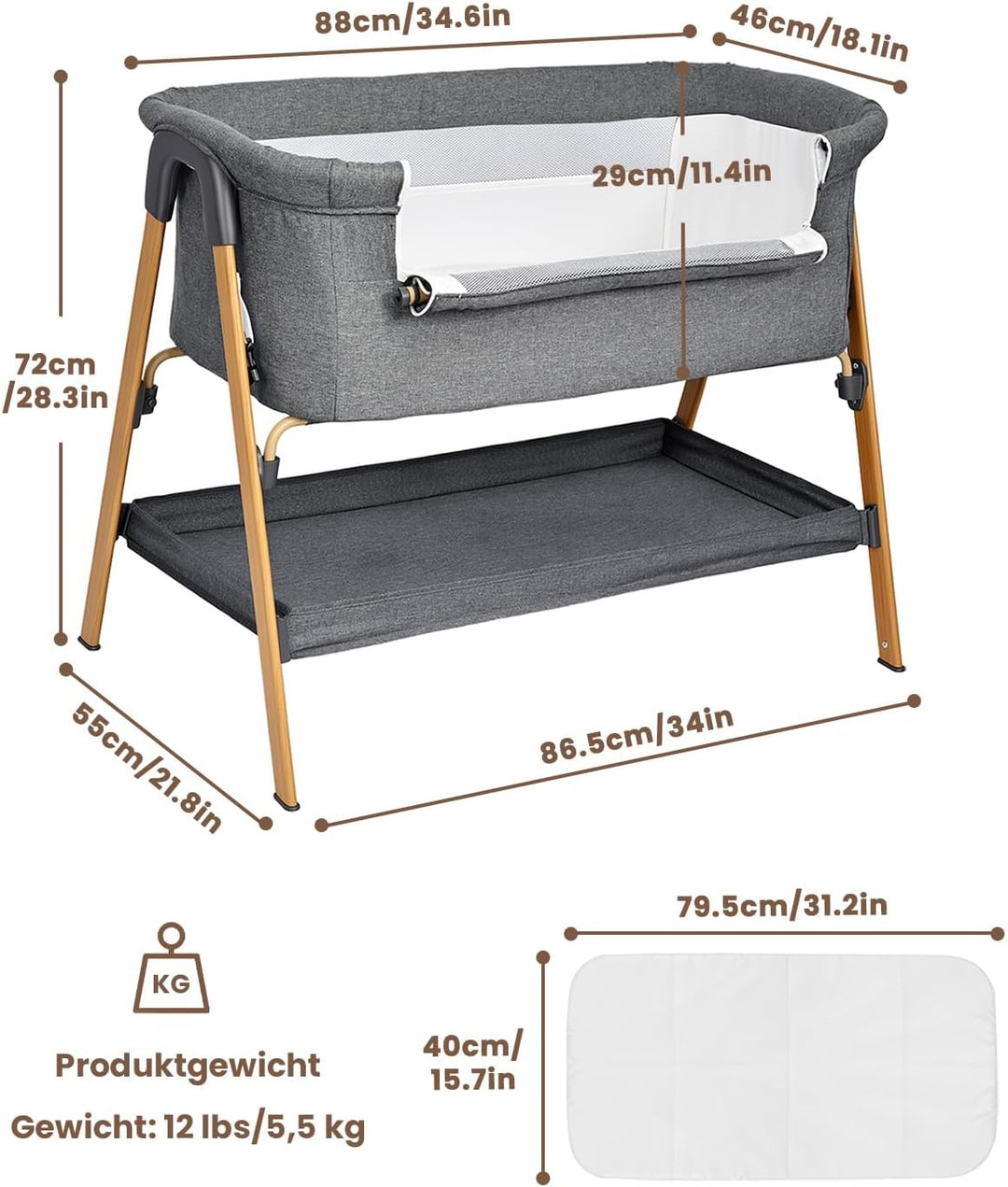 UBRAVOO Beistellbett Baby 2-in-1, Babybett &amp; Baby Wiege für Neugeborene – mit Aufbewahrungskorb &amp; We