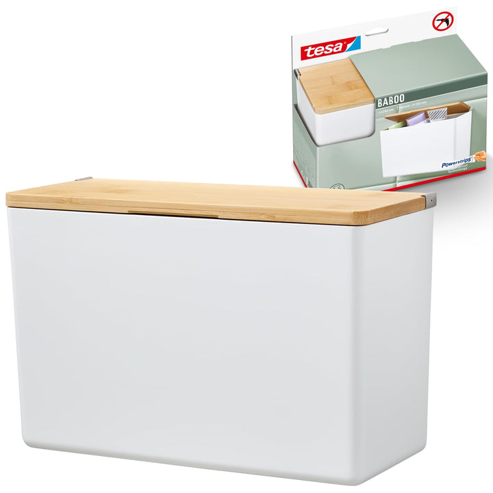 tesa® Baboo XL Badorganizer mit Bambus-Deckel, matt-weiss - Bad-Aufbewahrungsbox zur Wandmontage ohn