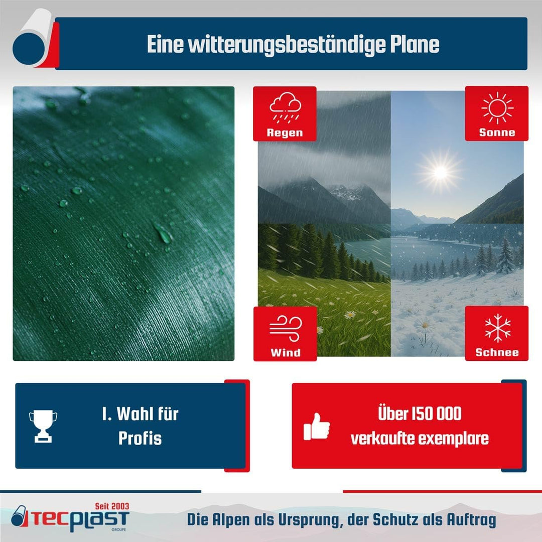 Schutzplane 6x10 m - TECPLAST 250MU - Grün und Braun - Hohe Leistung - wasserdichte Plane - Anti UV-