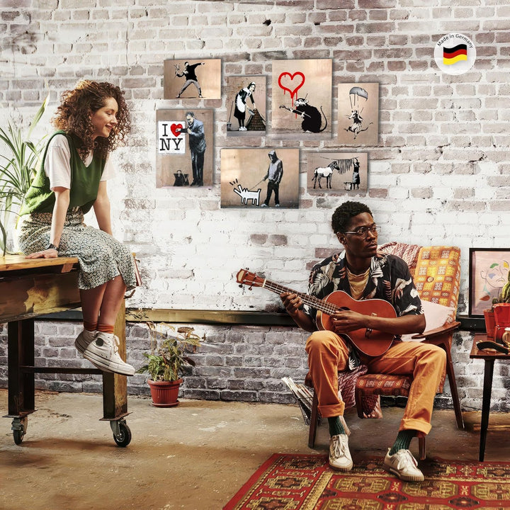 Novart Wandbilder Banksy Collage - KOMPLETT AUFHÄNGFERTIG - Street Art Beige Wohnzimmer Büro - 7 Mod