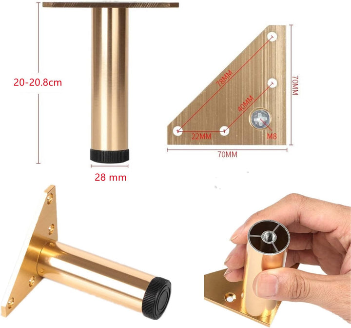 Möbelfüsse Gold Metall, 4 Stück Tischbeine Höhenverstellbar 20cm-20.8cm, Verstellbare füsse für Möbe