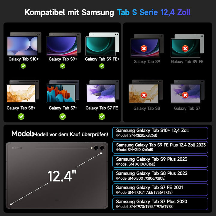 HOU Tastatur hülle für Samsung Galaxy Tab S10+/S9 FE+/S9+/S8+/S7 FE/S7+ (12,4 Zoll) mit Magnetstände