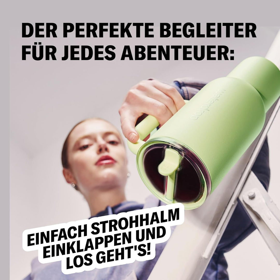 waterdrop® Thermobecher mit Strohhalm 1,1L – Auslaufsichere, robuste Trinkflasche mit aufklappbarem
