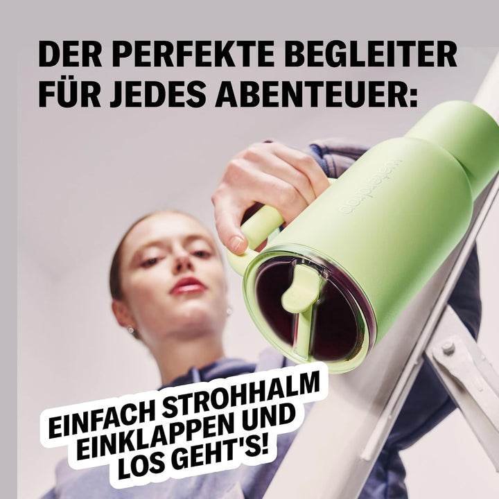 waterdrop® Thermobecher mit Strohhalm 1,1L – Auslaufsichere, robuste Trinkflasche mit aufklappbarem