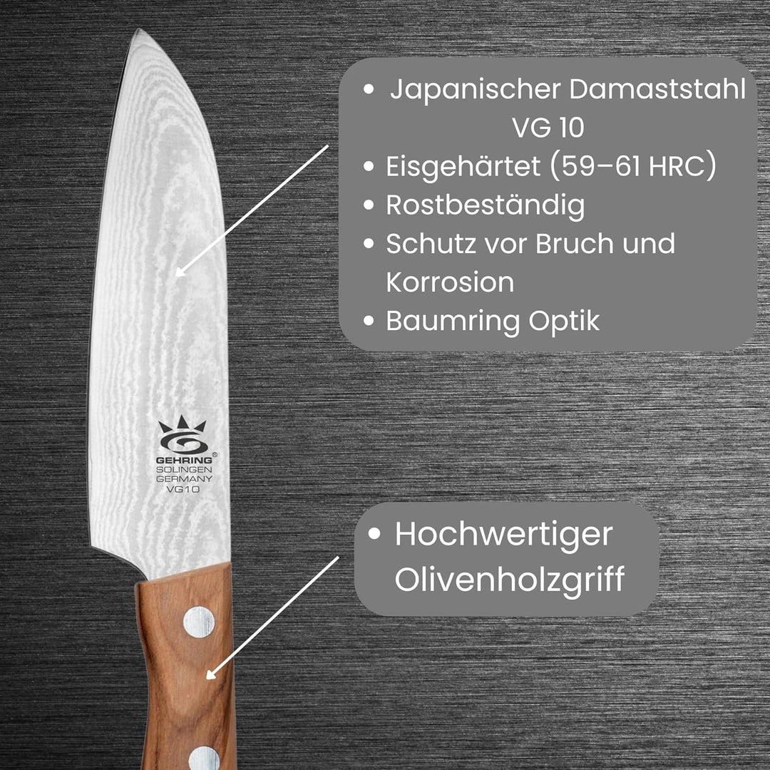Solingen Look Damast Santokumesser 11 cm I scharfes Profi Küchenmesser I eisgehärter Damaststahl VG1