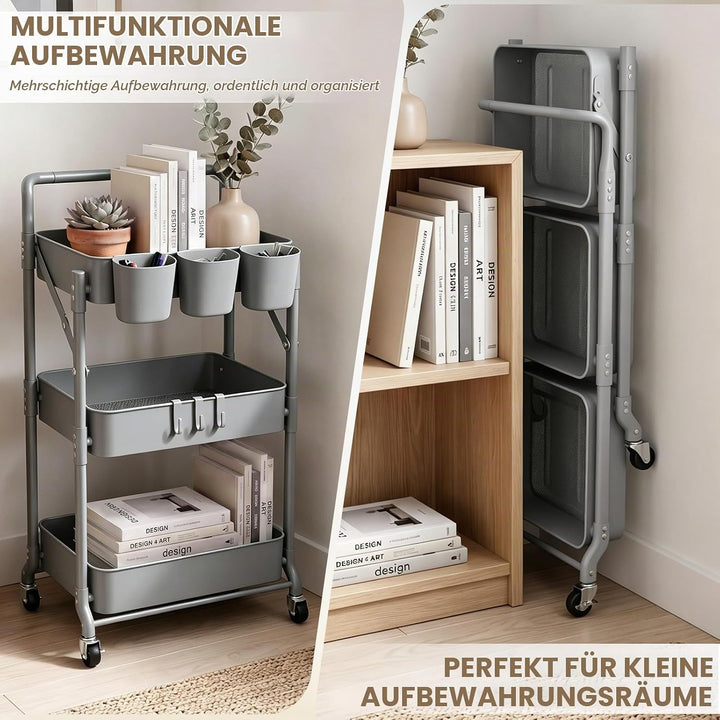 Shrivee 3-Tier Küchenwagen, Servierwagen, Faltbarer Metallwagen, Regal auf Rädern, Regal, Organizer,
