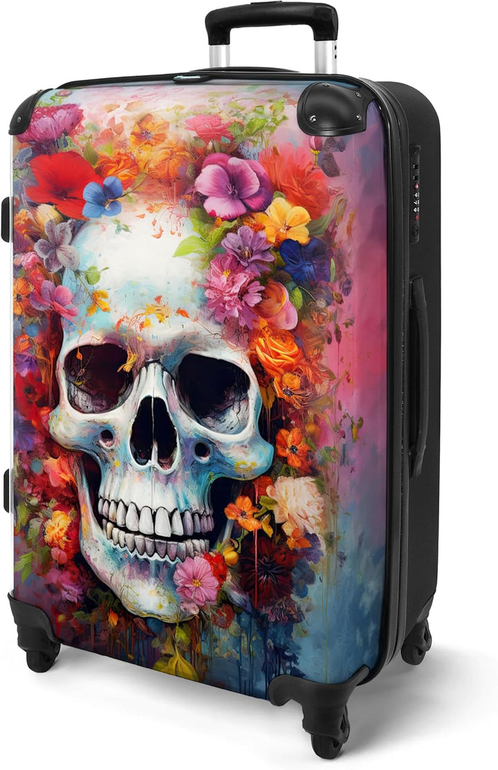 NoBoringSuitcases.com® Grosser Koffer - Totenkopf - Blumen - Aquarell - Botanisch - Schädel - Kombin