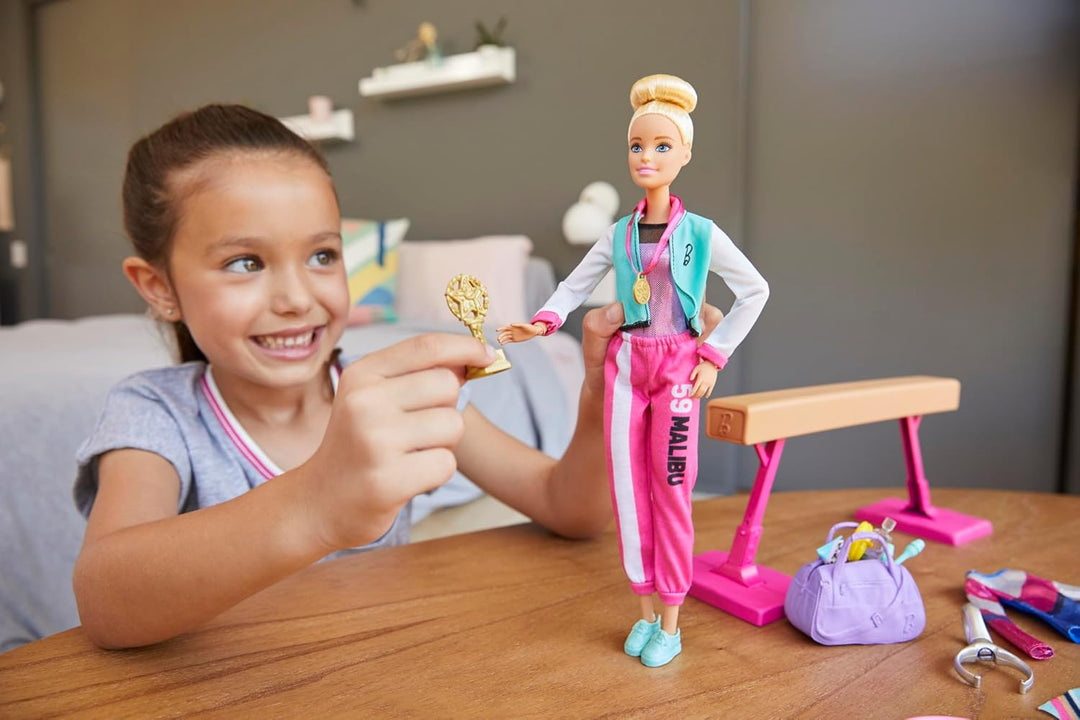 Barbie You Can Be Anything Series, Turnerin, Barbie-Puppe mit blonden Haaren, Schwebebalken, Turnbeu
