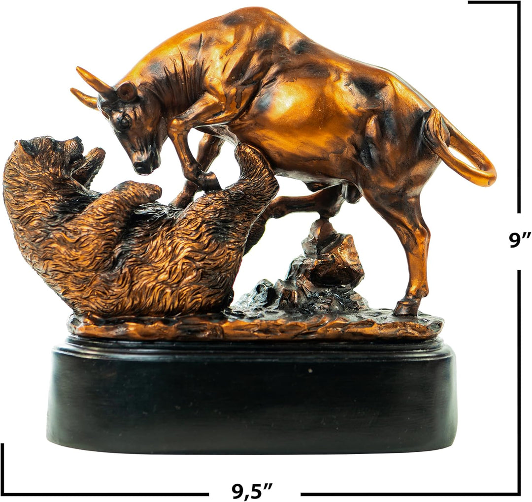 Bronze Electroplated Resin Bull & Bear Sculpture Statue 10" W X 9.5" H by BullMarketGifts, Bronze