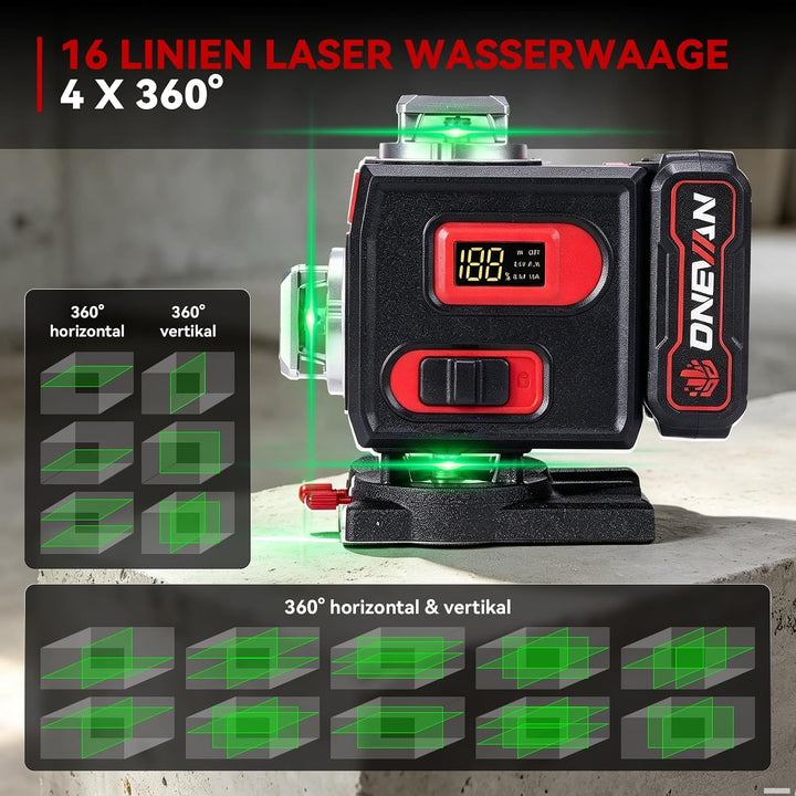 ONEVAN Kreuzlinienlaser mit Stativ, Selbstnivellierend, 360° 4D-Grünlaser | ±3° Selbstnivellierung,