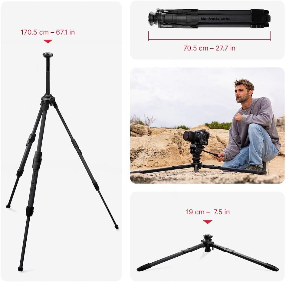 Manfrotto ONE Hybrid Carbon Stativ, Foto & Video Stativ, 15kg Traglast, Nivelliersäule, 90° Horizont